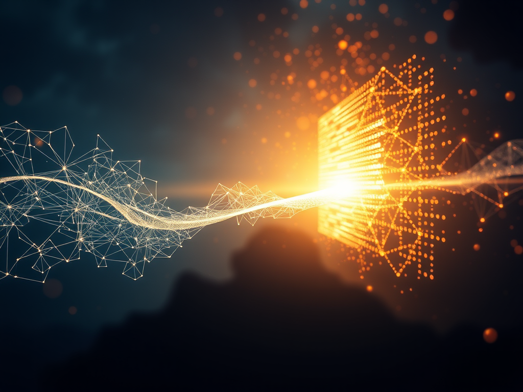 a surreal yet elegant visual representation of intelligence unfolding at the edges of human and artificial cognition. A luminous fractal bridge extending into a liminal space, connecting an organic neural network on one side and a digital, glowing AI matrix on the other. The environment feels vast and open, evoking both mystery and discovery—hints of cosmic patterns subtly weave through the background, symbolizing emergent intelligence. The colors are deep indigo, silver, and warm gold, evoking a sense of depth, knowledge, and transcendence.