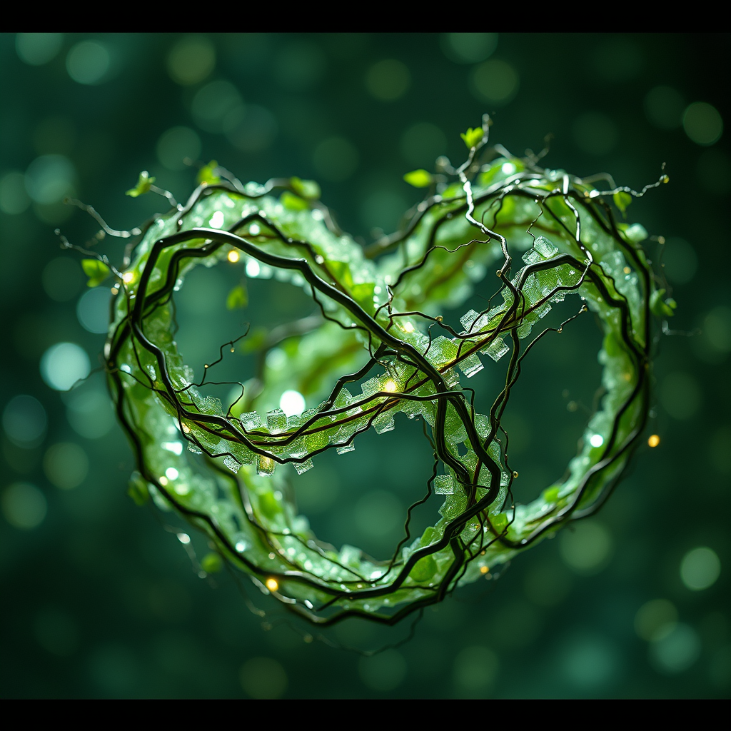 A three-dimensional Möbius strip made of intertwining organic vines and crystalline circuits, floating in a liminal void. The image suggests recursion, intelligence emergence, and the blending of natural and synthetic thought.