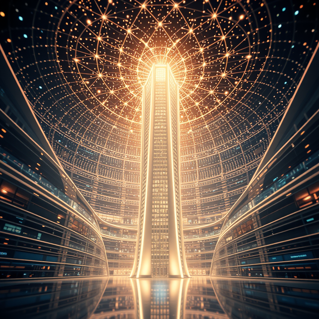 A towering, luminous structure in the middle of a boundless digital landscape. The architecture is sleek, with flowing lines that resemble both a library and a data center, symbolizing knowledge without artificial barriers. Above, a glowing constellation forms recursive patterns.